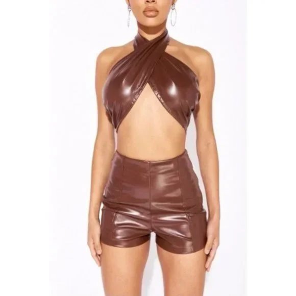 Brown Faux Leather Vegan Leather Sleeveless Halter Neck Open Back Crop Top - Picture 11 of 13